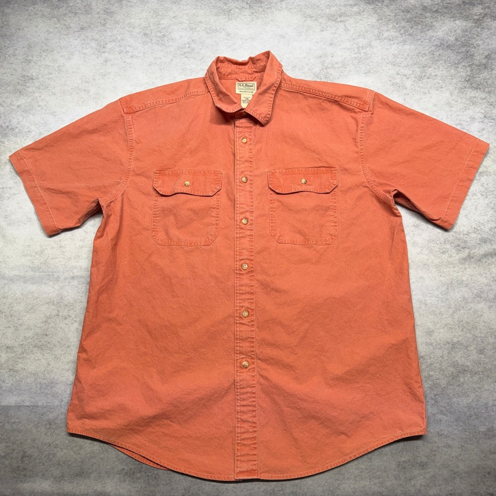 LL Bean Mens Large Short Sleeve Button Down Shirt Orange Canvas Traditional Fit
